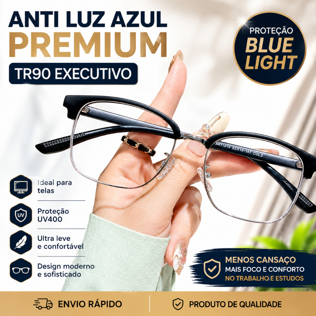 Óculos Anti Luz Azul Blue Light TR90 Premium UV400 Descanso Estudos Executivo Masculino Feminino