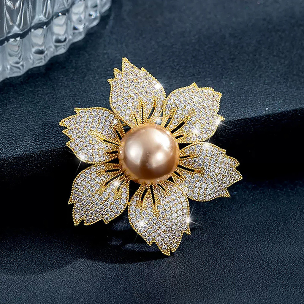 Simples elegante Bauhinia broche terno pérola Corsage feminino cheio de diamante flor Cardigan acessórios pino
