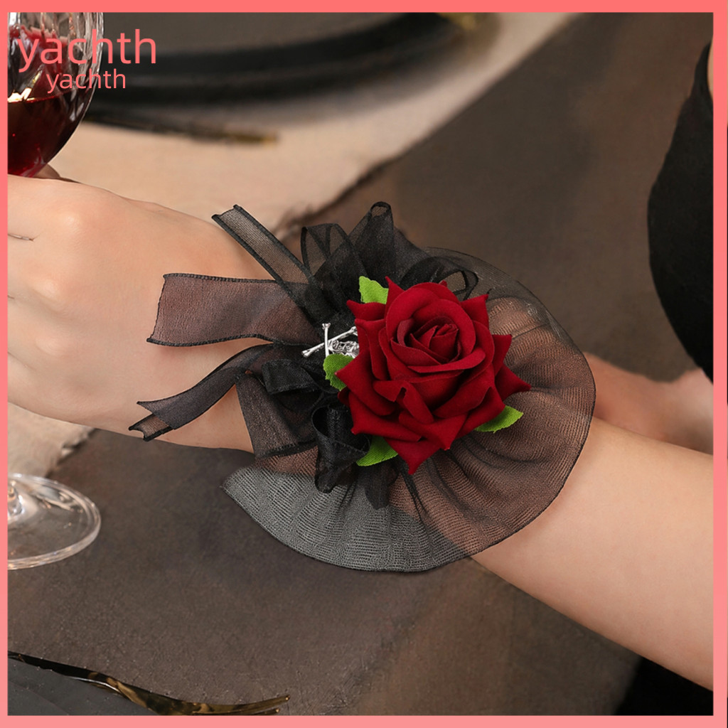 Bridal Groom Groomsmen Matching Flowers Wrist Corsage for Halloween Black Burgundy Rose Tulle Mesh for Artificial Flower