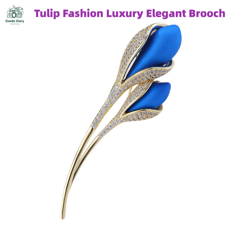 Broche Flor Tulipa Azul Liga de Cobre Com Pedras Incrustadas Acessório para Terno e Casaco
