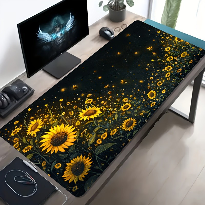 Desk Mat Jardim Noturno com Flores Amarelas, Abelhas e Brilhos, Visual Delicado para Mesa e Computador