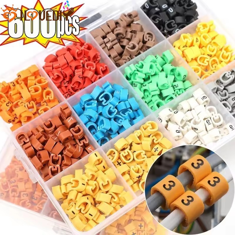 Conjunto De Marcadores De Cabo De PVC Flexível Multicolorido De 600 Unidades , Com Números 0-9 Sinais , Clipes De Etique