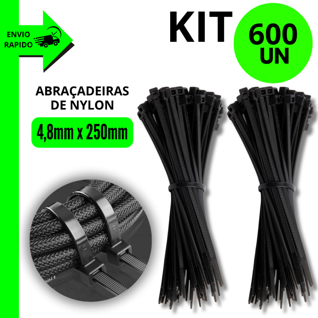 Kit 600/500/400/300 Unidades Abraçadeiras de Nylon 4,8x200mm Alta Resistência Cabos e Instalações