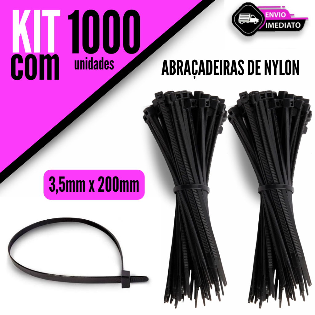 Kit 1000/900/800/700/600 Unidades Abraçadeiras Nylon 3,5x200mm Enforca Gato Preto Organizador Cabos