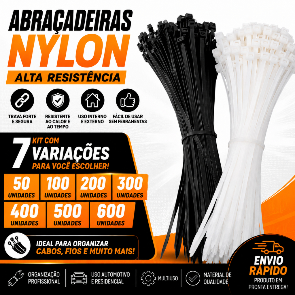 Abraçadeira Nylon Alta Resistência 15cm | Kit 50 a 600 Unidades | Organizador de Cabos Enforca Gato Preto e Branco
