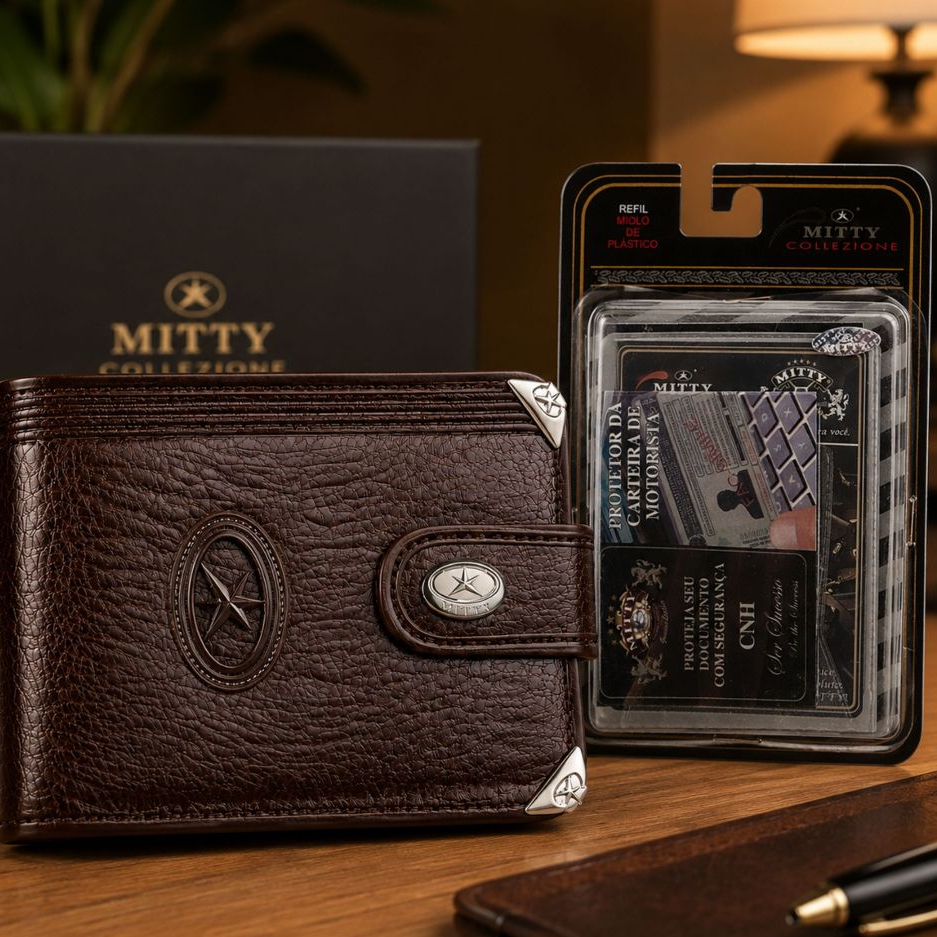 Kit Presente Carteira Media Mitty Couro Legítimo + Plástico Documentos M1F PLM1 Original Certificado