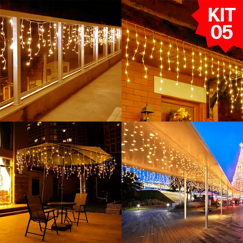 Kit 5 Cortina 10/20/30m Gigante 400/800/1200 Leds Pisca Ponto Luz LED Cascata Natal Amarelo