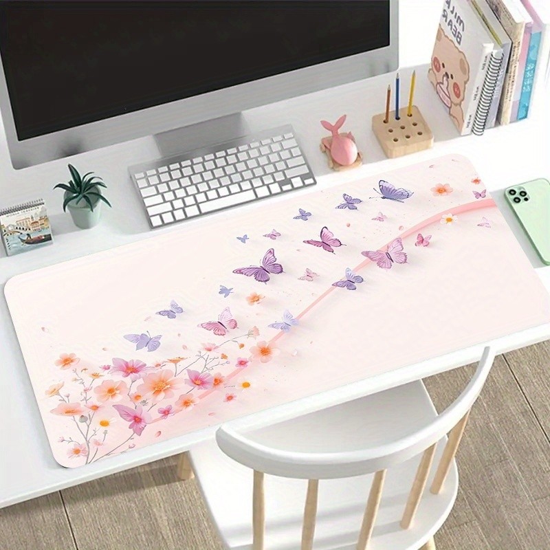 Mouse Pad Grande Eletrónico para Games com um Design Artístico Com Borboletas Roxas Delicadas E Flores