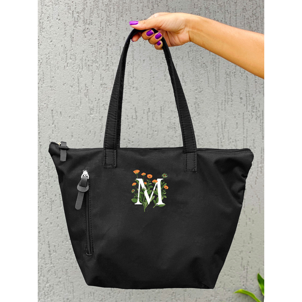 Bolsa Shopper Nylon LETRA M  de Ombro Clean Esportiva Academia Bags Gym Feminino Ziper Resistente Treino Unisex