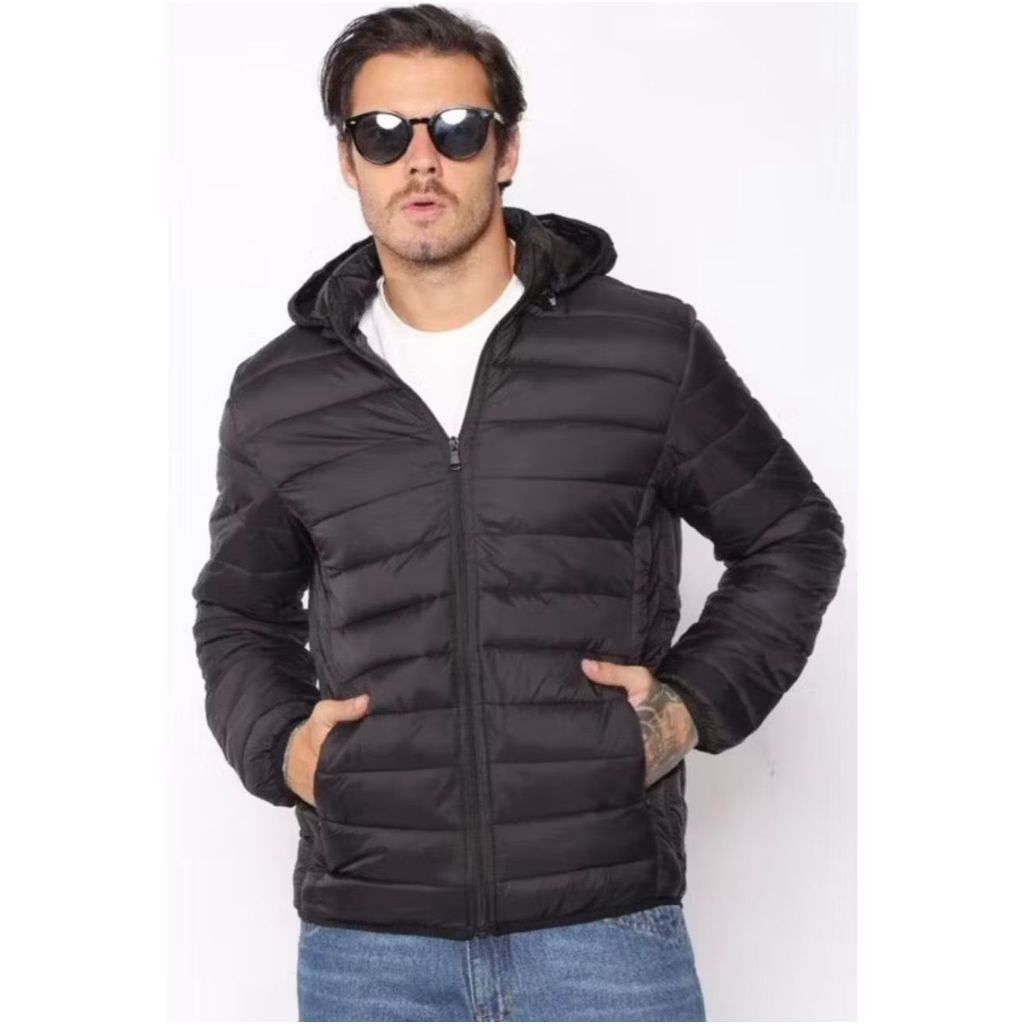 Jaqueta Bobojaco Impermeável Nylon Puffer Masculino com Bolsos e Capuz Importado Unisex