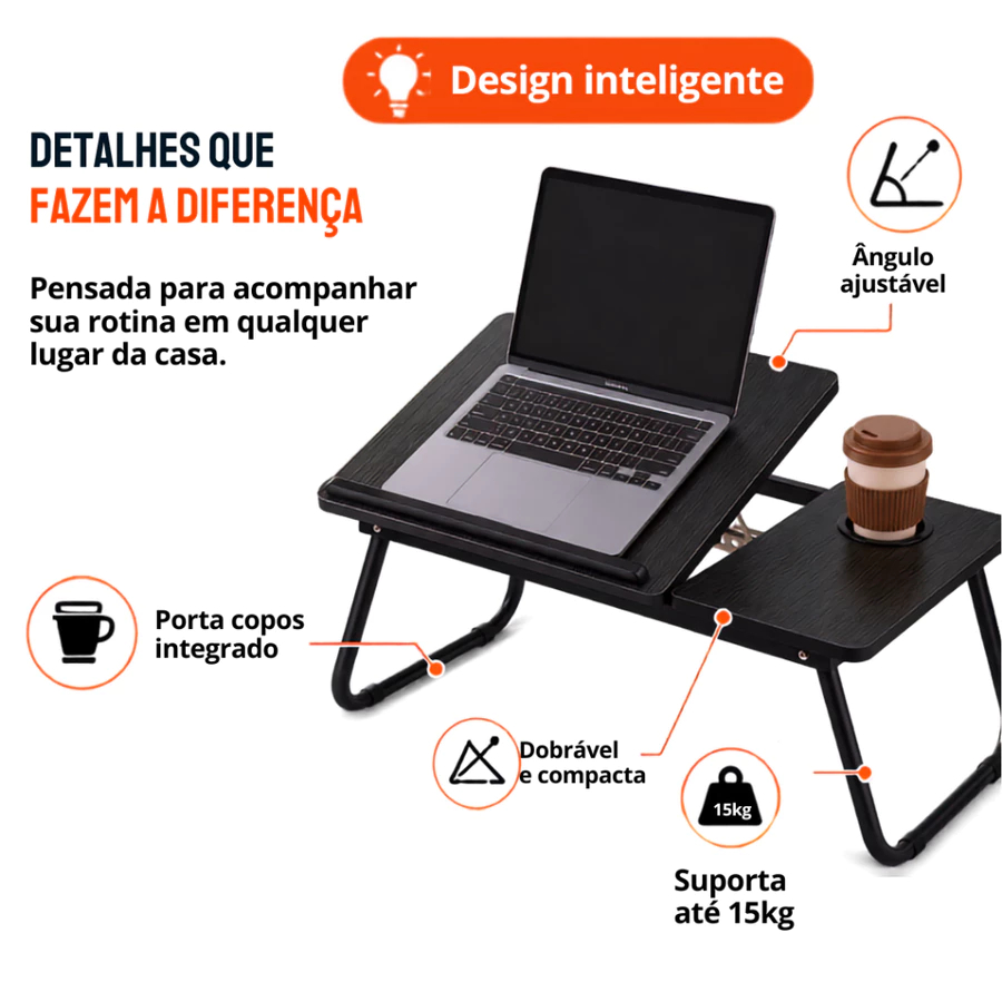 Mesa Dobrável para Notebook 56x33cm | Ângulo 0-30°, Altura Ajustável