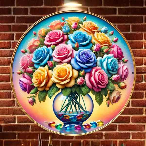 Impressão de Arte de Rosas Coloridas em Sinal de Metal 19,81x19,81 cm - Decoração de Parede de Ferro para Casa, Escritório, Quarto, Sala de Estar, Café, Bar - Design de Buquê Floral para Arte de Parede e Decorações de Dormitório