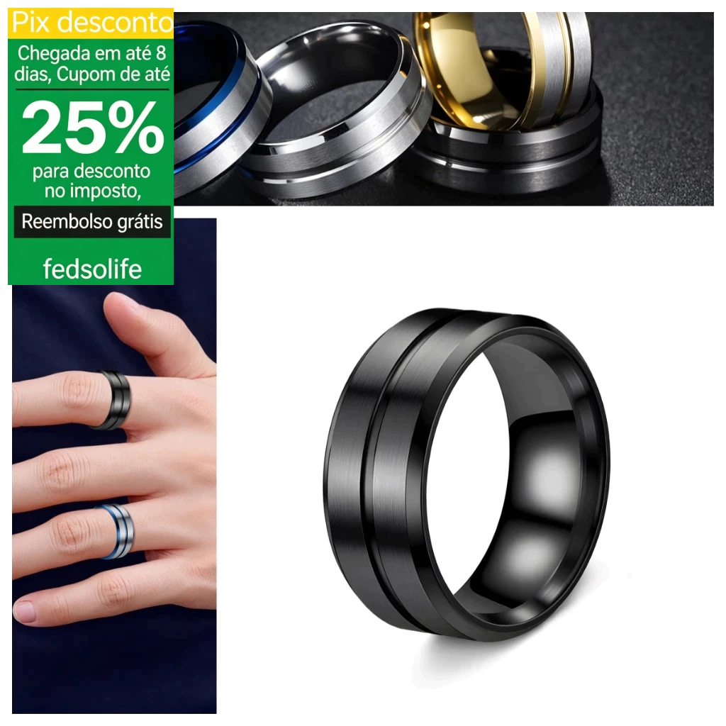 Fedsolife Anel Titânio Preto Fosco Aço Inox Escovado Inoxidável Vinco