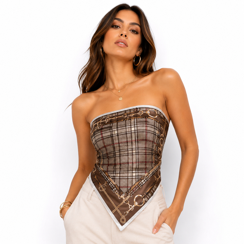 Top sem Alças Estilo Xadrez com Detalhes de Correntes para Mulheres Moda Feminina Trendy