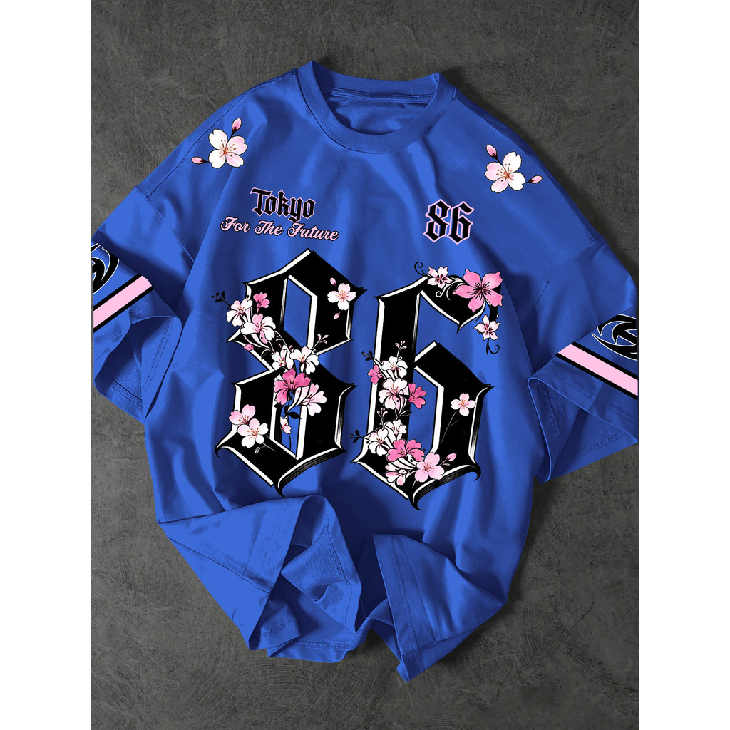 T-shirt de Estilo Artístico Nacional Trend, Número 86 com Elementos de Flor de Cerejeira para  Looks Trendy PLUS SIZE