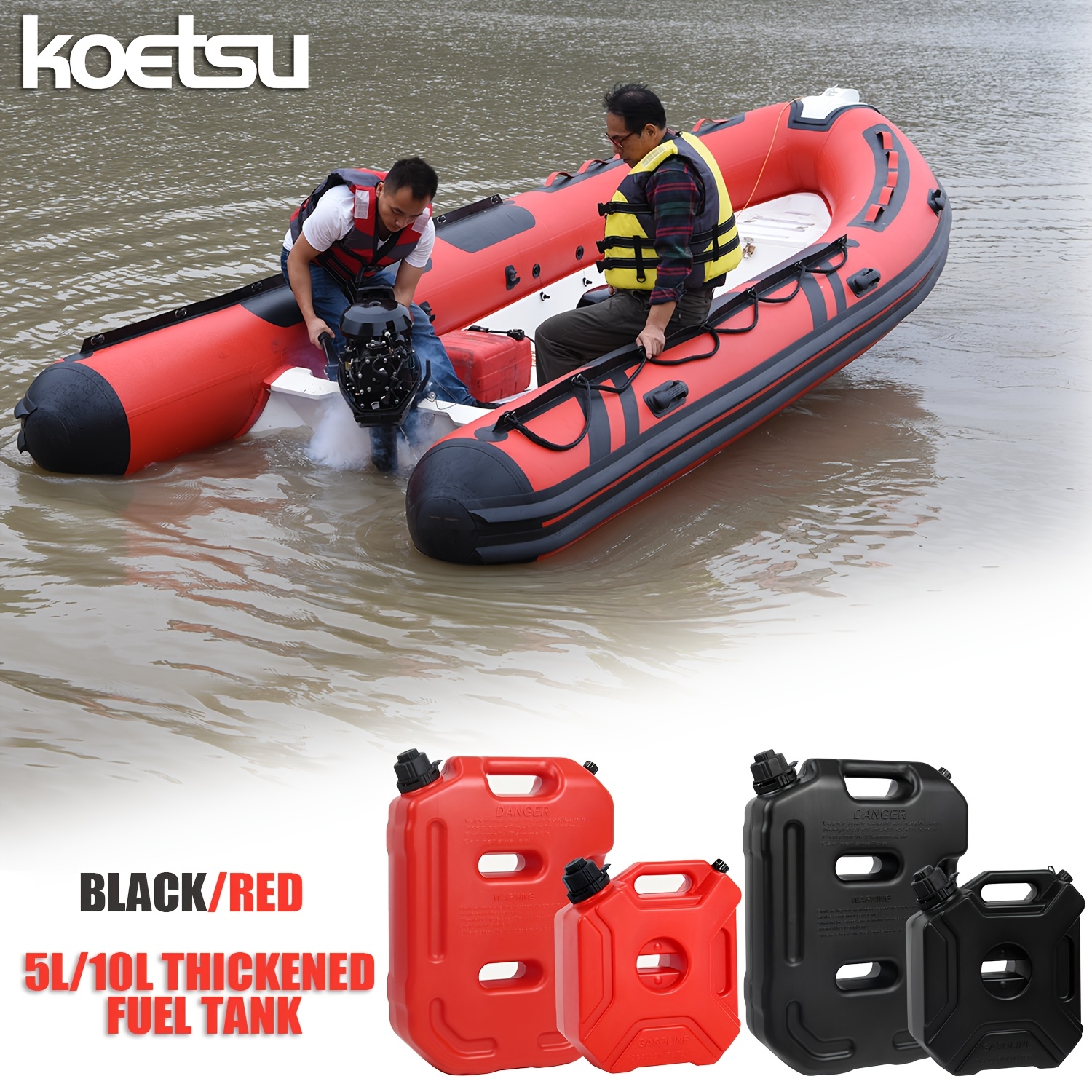 KOETSU Tanque de combustível portátil de PE espesso, tanque de combustível marítimo para motores de popa, 5L/10L, preto