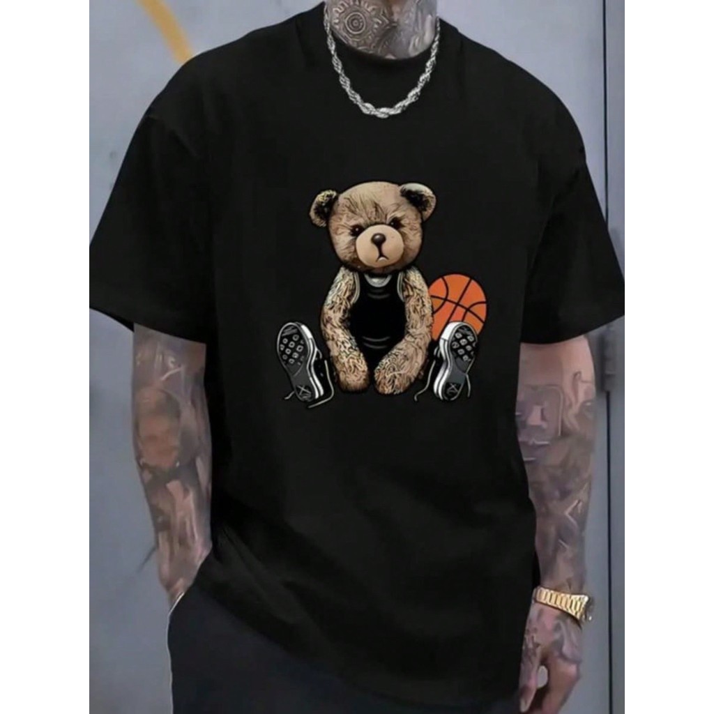 Camiseta Masculina Urso Basquete Streetwear Estampa Criativa Hip Hop Casual Moda Urbana  Trend Box Mania