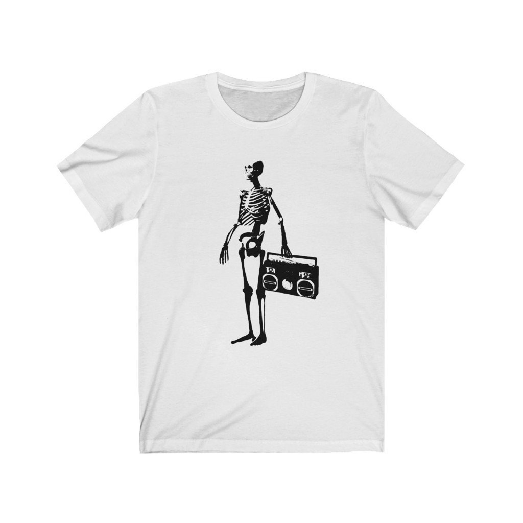 Camiseta Branca Unisex, Design com Esqueleto com Caixa de Som, Alta Qualidade, Moda Urbana