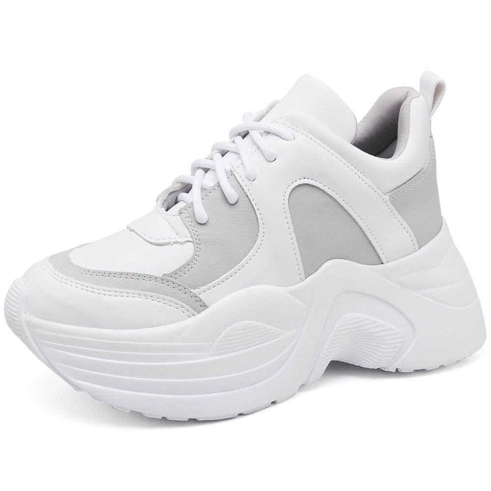 Tênis Feminino Branco/Cinza Sola Alta Caixa Moda Urbana/Casual Blogueira Estilosa Cadarço Brinde