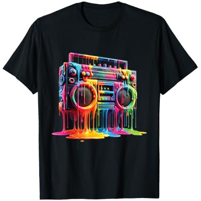 Camiseta Preta Unisex Design com Caixa de Som Estilizada Cores Vividas Alta Qualidade Moda Urbana