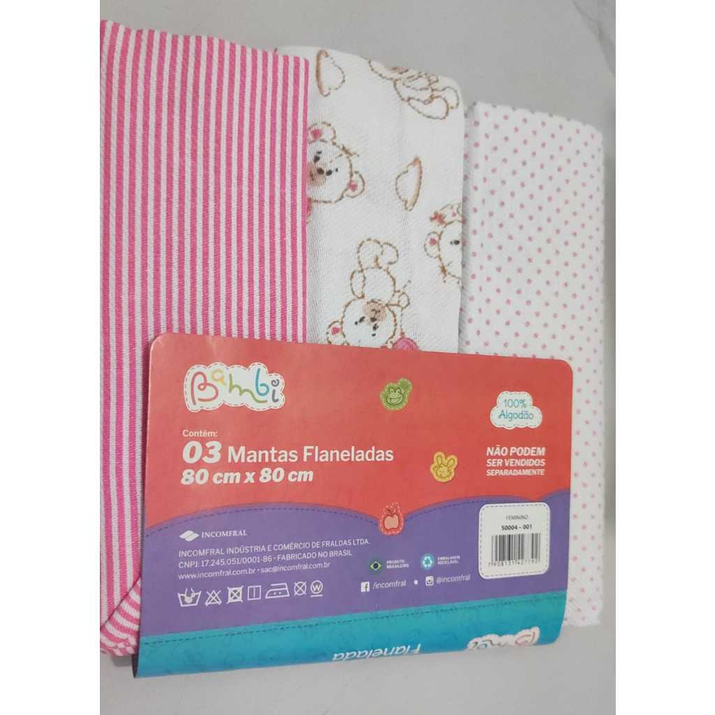 Cueiro bebê flanelado Bambi 80x80 c/ 3 unidades - Incomfral