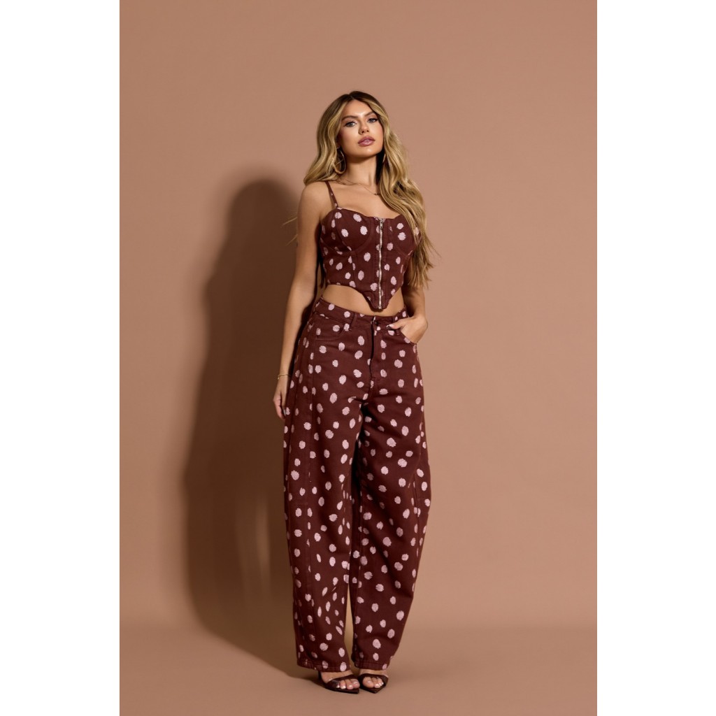 CALCA BARREL ESTAMPA BAMBI - calça feminina jeans ampla bolinhas tendencia moda blogueira estampa glitter jeans