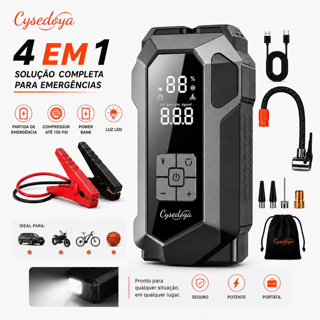 Cysedoya Auxiliar de Partida com Compressor de Ar 150 PSI, Jump Starter 12V, Power Bank e Lanterna SOS para Carro