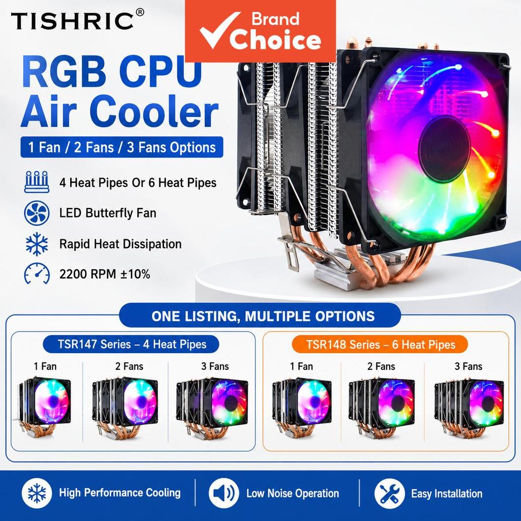 TISHRIC CPU Cooler a Ar com 4/6 Tubos de Calor, Ventoinha RGB 4Pin PWM, Radiador de CPU para Intel LGA 1150 1151 1155