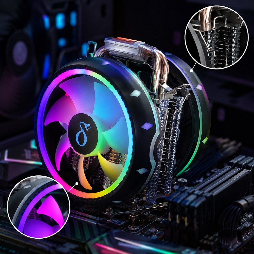 Cooler CPU LED RGB 2 Ventoinhas 130W 2 Heat Pipes 2200RPM 115mm Intel AMD LGA1200 AM4 Aitek DELTA-C2213