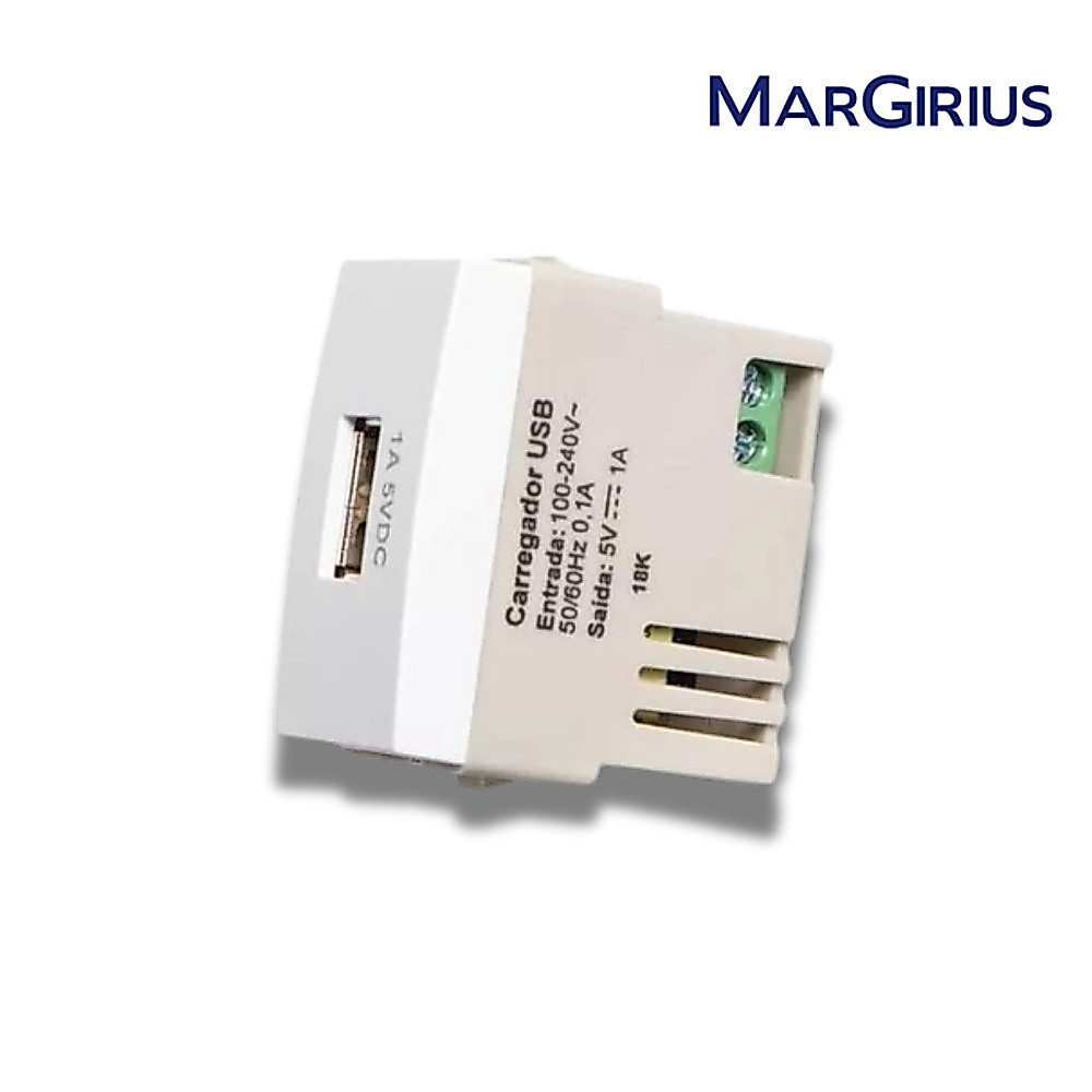 Módulo Tomada Carregador USB 1A-Bivolt BR Linha Sleek Margirius Módulo Decoração Casa Instalação Elétrica Branco