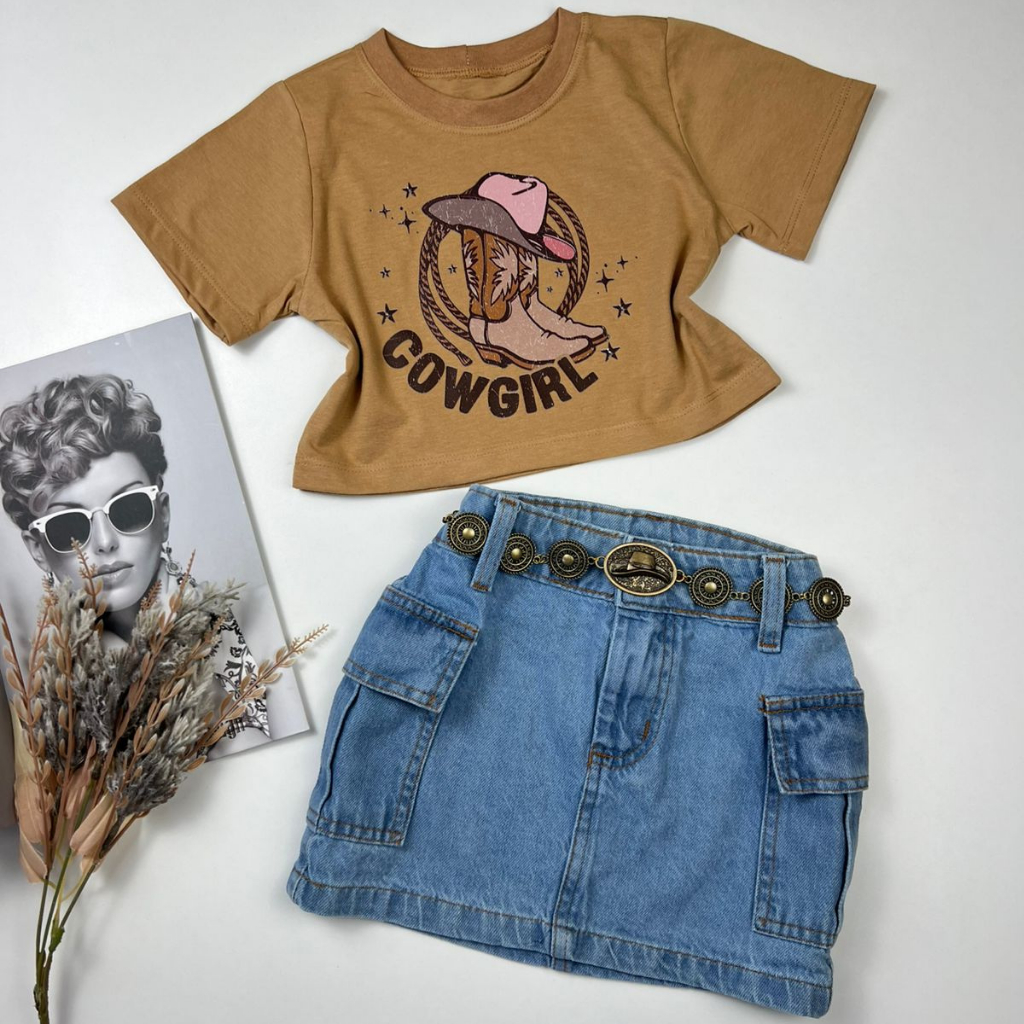 Conjunto Infantil Mini Diva T-Shirt Saia Jeans Verão Look Fashionista