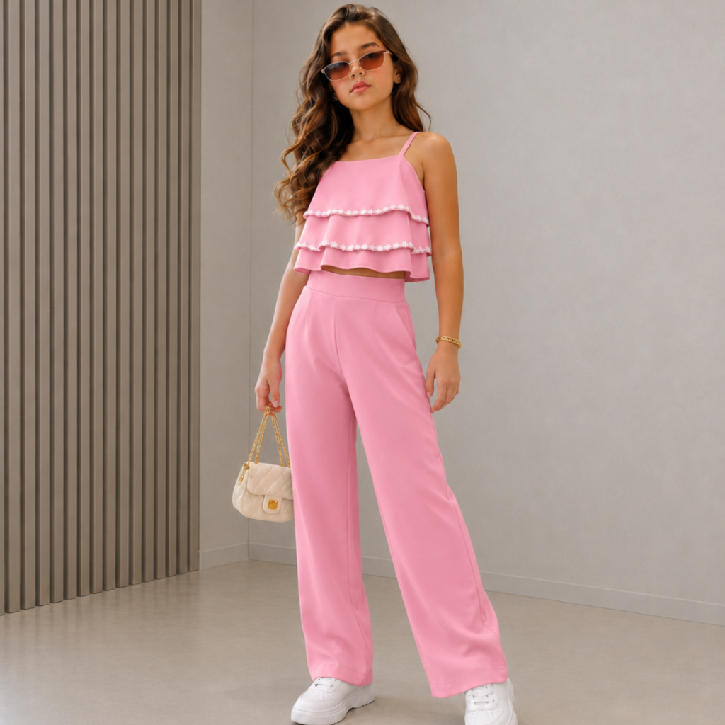 Conjunto Infantil Feminino Alfaiataria Juvenil Cropped E Calça Mini Diva Bordado Look Natalino