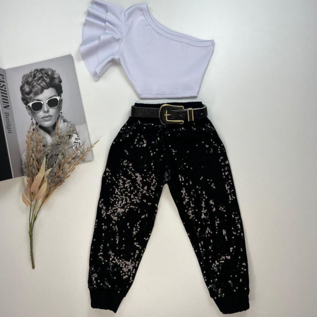 Conjunto De Brilho Infantil Paetê Blogueirinha Moda Festas Lançamento Mini Divas Cropped Nula Manga Babado Calça Jogger