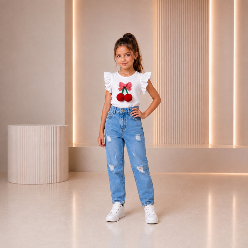 Roupa Infantil Feminina Cerejinha Body Frufru Calça Jeans Look Fashion Confortável Meninas Mini Diva Fashionista