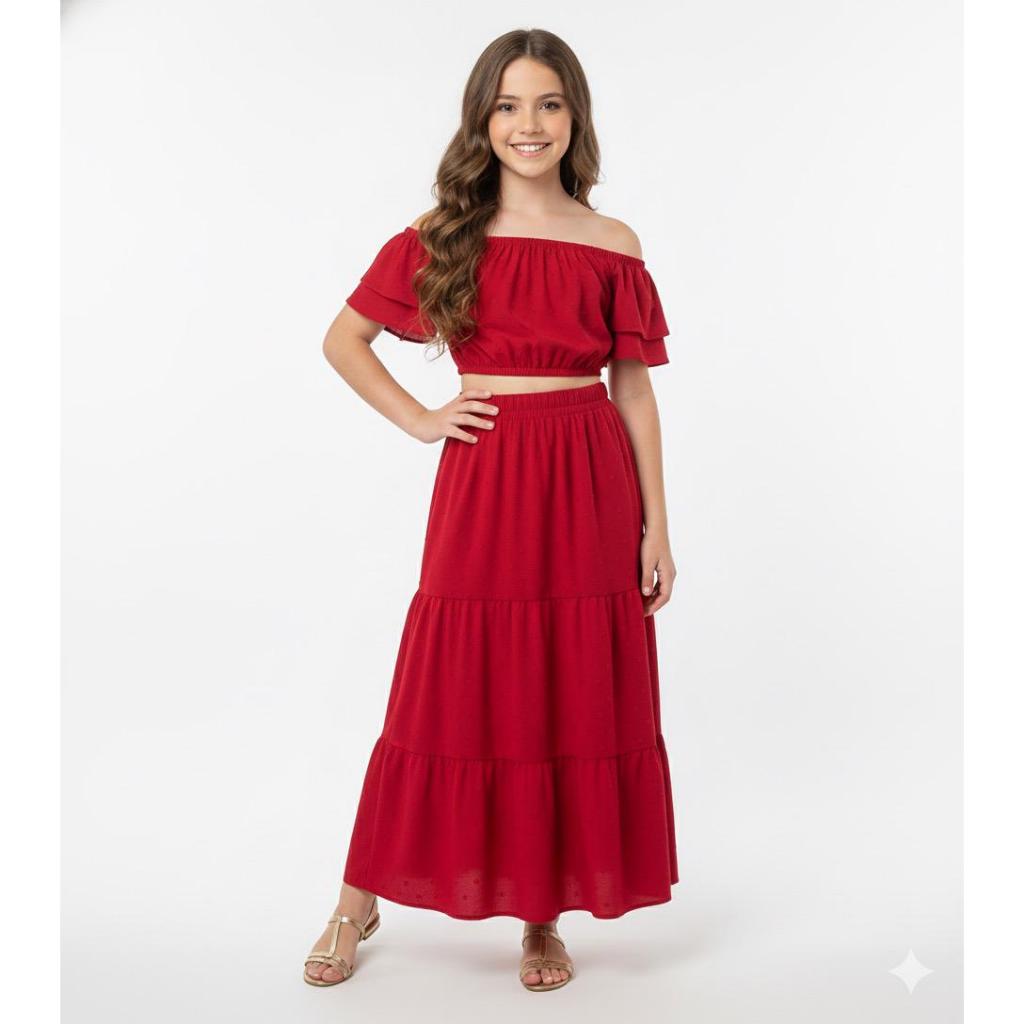 Roupas Para Natal Infantil Conjunto Cropped E Saia Longa Moda Festa Mini Diva