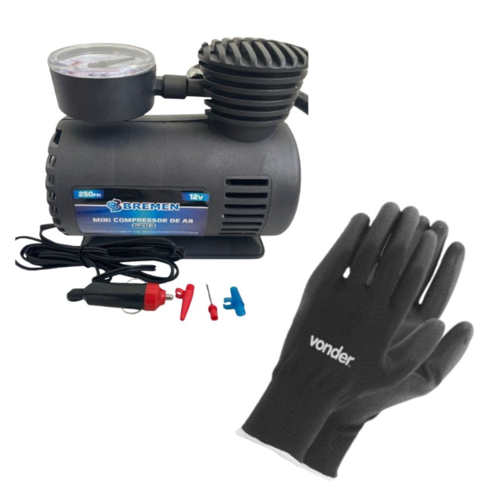 Inflador de Pneus de Carro, Caminhão e Bike com Par de Luva, 250PSI 12V