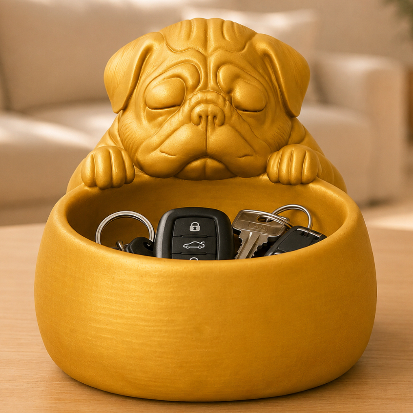 Organizador Mesa Cachorro Pug Enfeite Pet Decorativo Expositor Bichinho Porta Objetos Cão Sala Quarto Chaves Joias Luxo