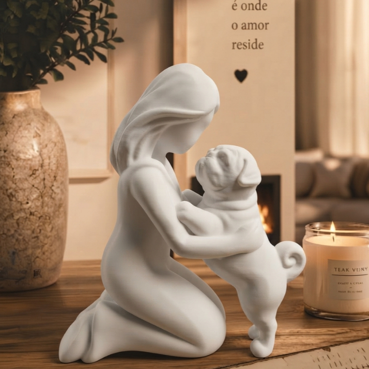 Estátua Amor Incondicional Mulher e pug Pet Decoração Moderna  Enfeite Sofisticado Presente Único
