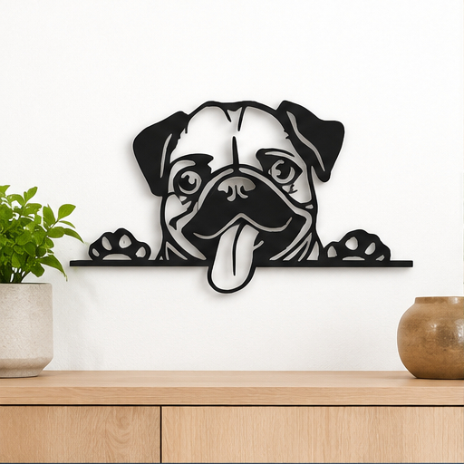 Quadro Decorativo Pug Vazado 25x13cm Impressão 3D PLA Enfeite Parede Cachorro Pet
