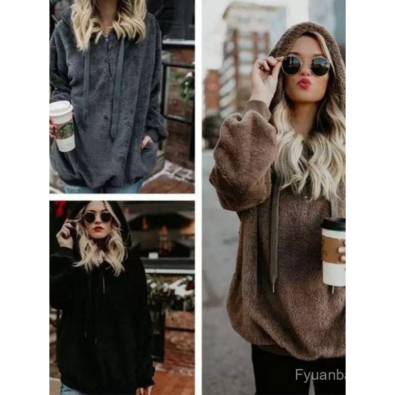 Cross-Border europeu americano outono inverno novo estilo de pelúcia feminino de manga comprida com capuz solto moletom