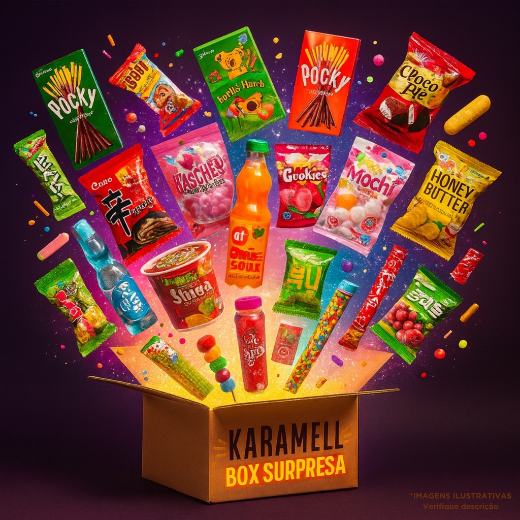 Kit Box Surpresa Karamell Exóticos Importados +BRINDE Doces Snacks Balas Orientais Asiáticos Coreano