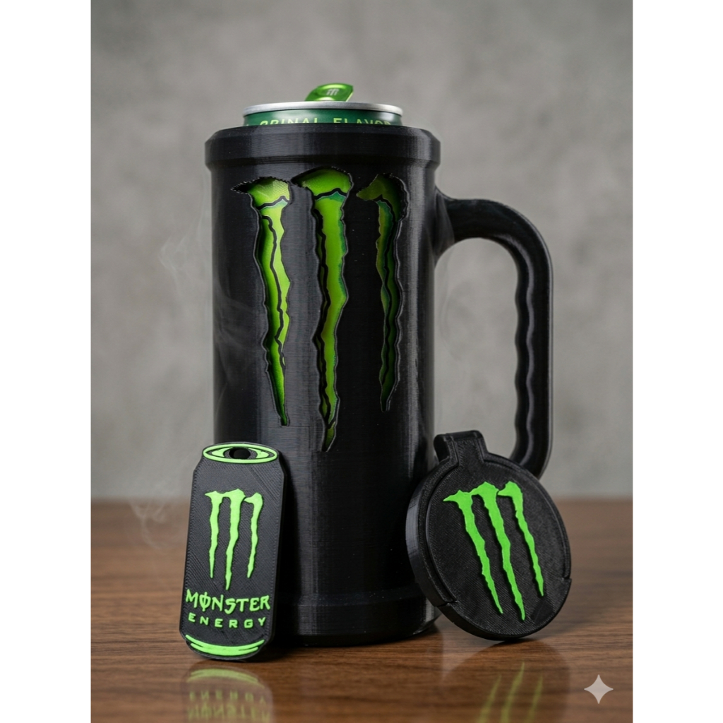 Porta Lata Monster 473 ml + abridor + tampa - Com Brinde Surpresa - KIT MONSTER COM ACESSÓRIOS