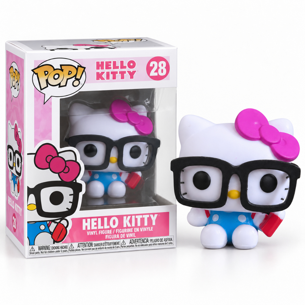 Boneca Hello Kitty Colecionável C/ Caixa Óculos Preto Laço Rosa Kawaii Geek Miniatura Decoração Presente