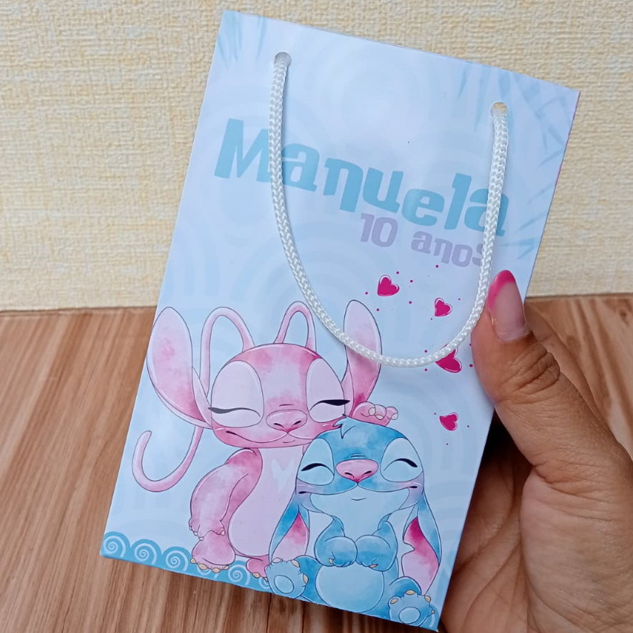 Mini Sacolinha Surpresa Personalizada 10x15 Lembrancinha Stitch e Angel Brinde Festa PEGUE E MONTE