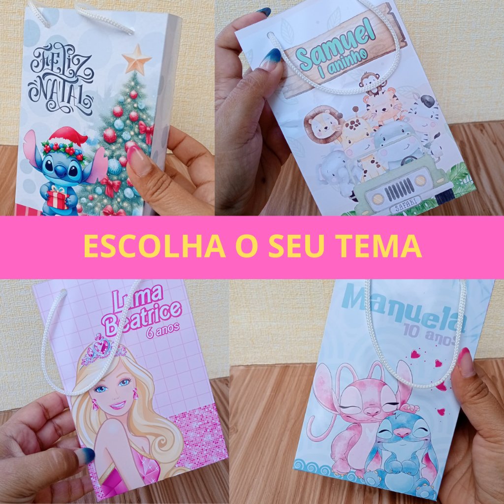 Mini Sacolinha Surpresa Personalizada 10x15 Lembrancinha no seu Tema Brinde Festa PEGUE E MONTE