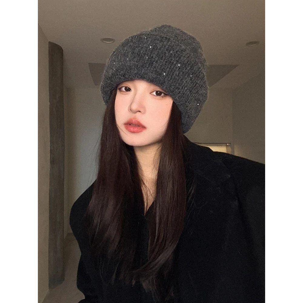 Outono inverno lã misturada chapéu de malha moda feminina lantejoulas pilha chapéu grande circunferência da cabeça duplo