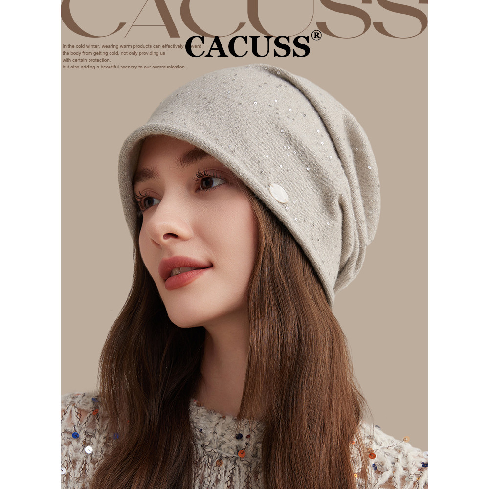 CACUSS chapéu feminino outono lantejoulas pilha chapéu estilo fino chapéu de malha grande circunferência da cabeça