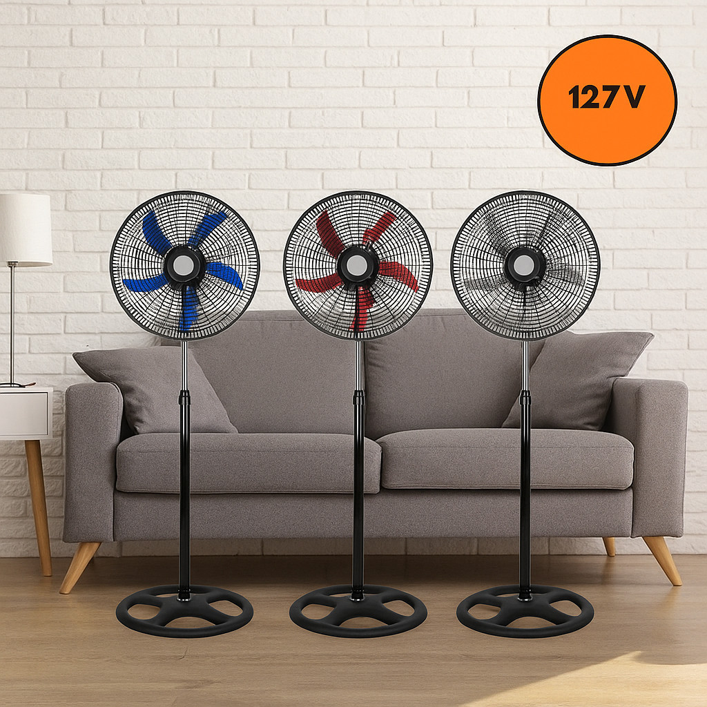 Ventilador Pedestal Premium 60W Silencioso Potente 3 Velocidades Oscilante Ajustável 220V 127V Preto