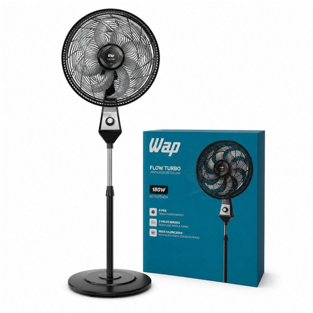 Ventilador de Coluna WAP Flow Turbo Pedestal 50cm 180W 127V 8 Pás 3 Velocidades Silencioso Preto