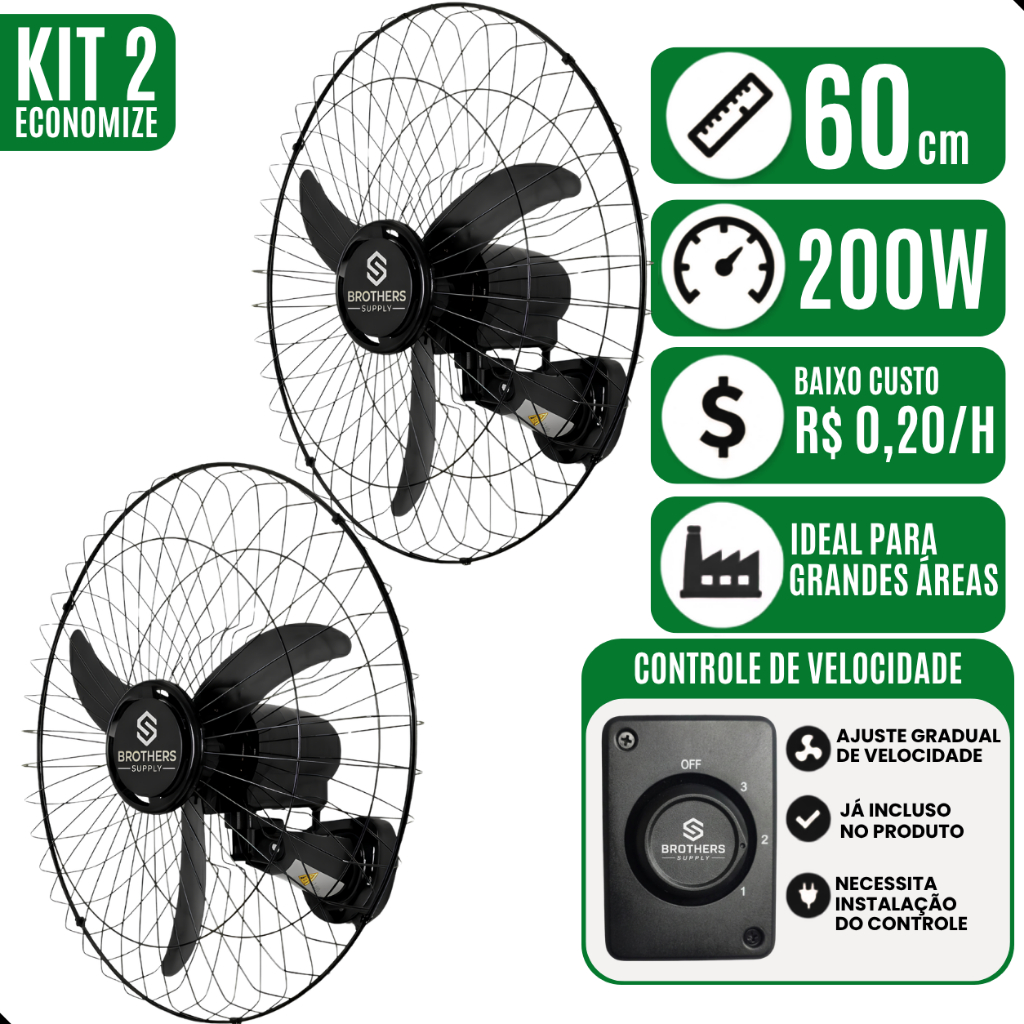 Kit 2 Ventilador de Parede 60cm Oscilante Bivolt Preto 200W Industrial Silencioso 3 Velocidades Loja Galpão
